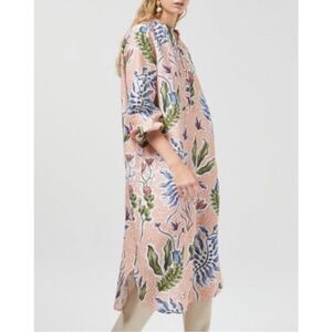 Lanthropy floral print linen tunic dress boho lagenlook mandarin collar Medium